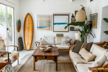 Interior design with furniture, surfboard decorates the living room
