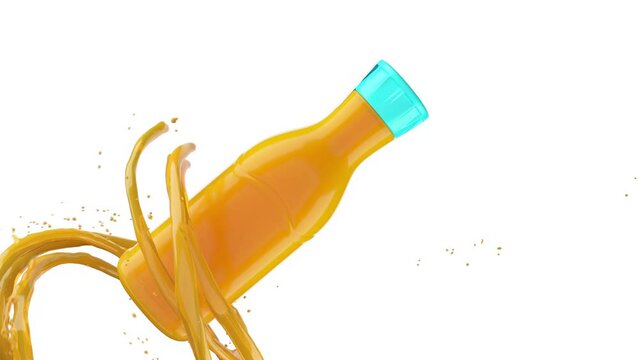 Closeup Slow motion Orange juice splashing follow orange juice bottle part isolate on white background. 3D animation .4K. Alpha channel.	