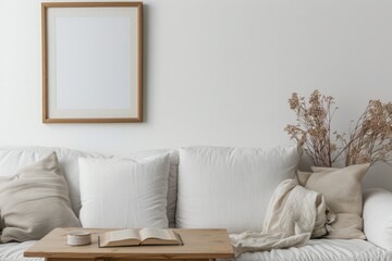 A picture frame hangs above the sofa for interior design