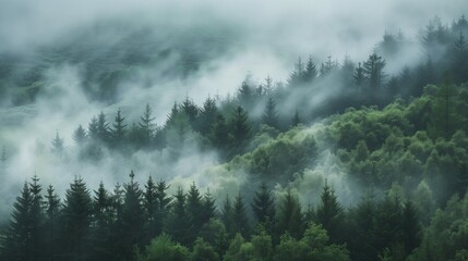 Colorful photo of a beautiful misty forest