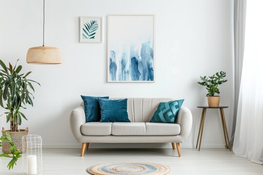 Living room with furniture, plants, and painting on azure rectangle wall