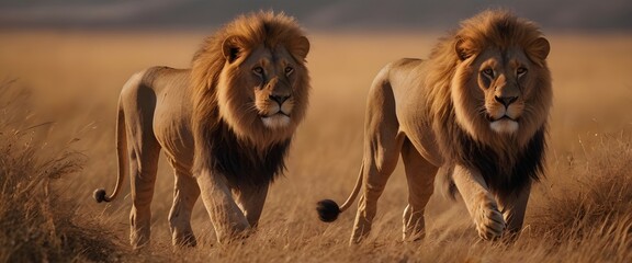 Two adult lions walking together in the savannah, lion, lions, male lions, felines, mammals, predators, king of the jungle, kings of the jungle, male pair