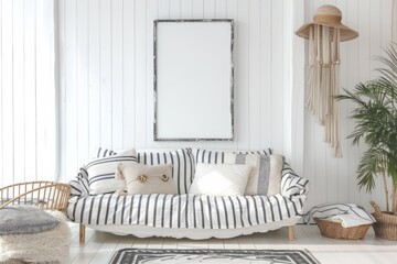 A striped couch and picture frame in a living room interior design