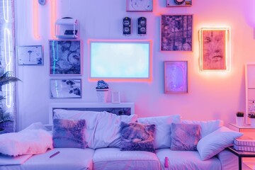 Interior design with a couch and TV on the wall in a purplethemed living room