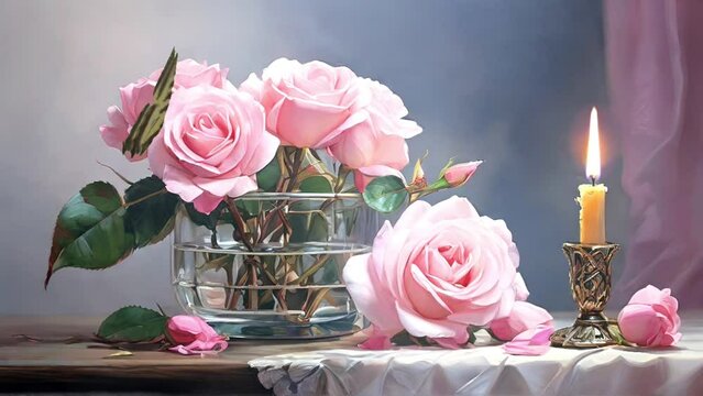 Beautiful pink roses in glass vase on wooden table with light smoke 