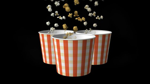 ポップコーン（塩味・キャラメル味・バター味）がが大量に製造されて映画館のカップに山盛りになるタイムラプス動画