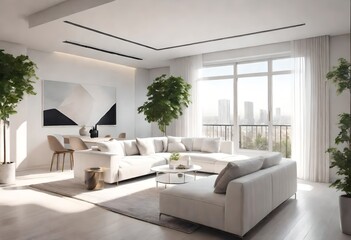 Serene living room adorned with white pieces and fresh botanicals, Crisp white furnishings alongside refreshing indoor greenery, Contemporary living space featuring bright white decor and houseplants.