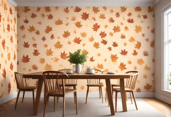 Charming room with autumn-inspired maple leaf décor, Cozy and inviting maple leaf-themed dining space, Elegant dining room with maple leaf wallpaper.