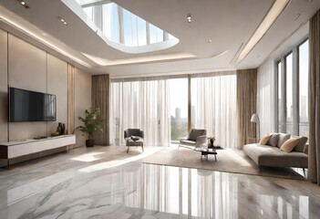 Modern lounge area with a chic touch of marble flooring and a bright skylight, Stylish living space with sleek marble floors and a ceiling skylight bringing in sunlight.