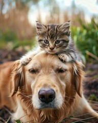 small young cute baby cat lies on the head of a Golden Retriever in the garden, best friends, illustration made with generative AI