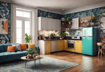 Vintage-inspired kitchen décor with a cozy blue and yellow color palette and floral wallpaper, Charming kitchen design with a mix of blue, yellow, and floral elements.