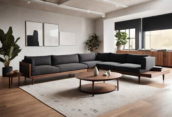 Welcoming modern living room with sectional sofa and stylish coffee table, Chic and inviting living room with sectional sofa and central coffee table, Modern living room with sleek sectional sofa.