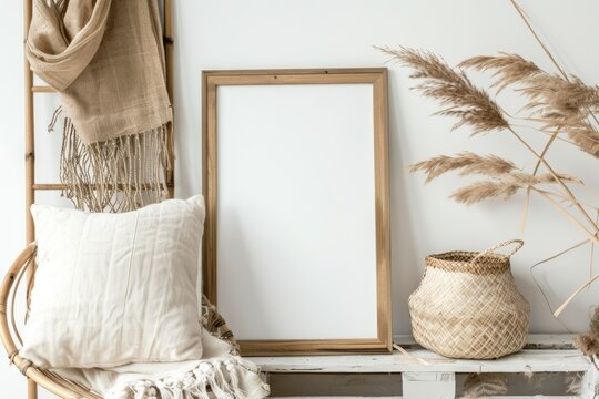 Wooden picture frame on wall next to chair in cozy building