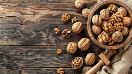 Wooden background with walnuts and nutcracker on the table