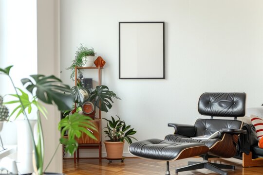 Living room with chair, ottoman, plants, and picture frame on wall