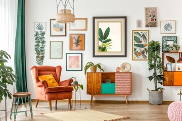 Furniture in the living room includes a chair, dresser, and plants - obrazy, fototapety, plakaty