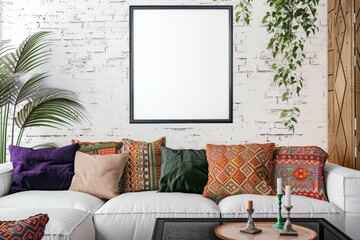 Interior design featuring white couch, picture frame, and plant in living room
