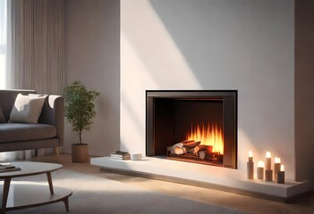 Elegant living room with a trendy fireplace feature, Minimalist fireplace creating ambiance in a room, A sleek fireplace in a modern living room.