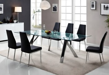 Elegant dining ensemble featuring glass table and black seating, Glass dining table complemented by chic black chairs, Sleek glass dining table surrounded by black chairs.