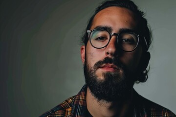 Portrait of a handsome young man with a beard and glasses. - obrazy, fototapety, plakaty