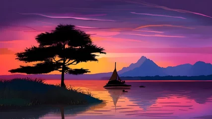 Foto op Aluminium  A serene lake reflects the vibrant colors of a sunset sky, creating a mesmerizing tableau. The water shimmers with hues of orange, pink, and purple, mirroring the celestial display above. A lone boat © Waqasiii_Arts 