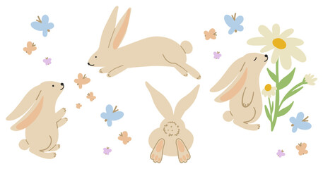 Cute rabbit set. Adorable bunny collection. Hand drawing animals. Cartoon rabbits in kids drawn style. Childish vector illustration isolated on white background 