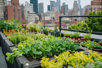 Fototapeta na wymiar Urban rooftop garden with assorted vegetables against city skyline