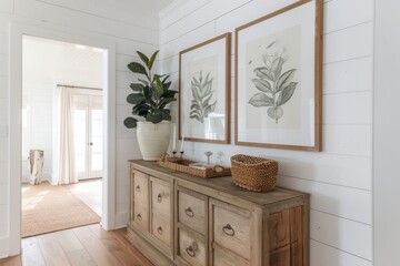 Hallway with wooden cabinetry, paintings on wall, and dresser - obrazy, fototapety, plakaty