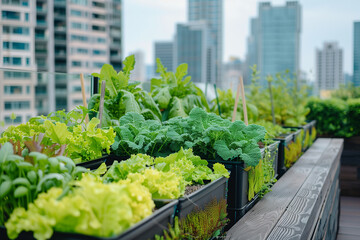 Lush green urban garden on a rooftop with a view of skyscrapers