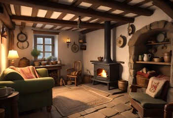 Traditional living space with fireplace and stove, Warm and inviting home setting, Cozy living room with fireplace and stove.