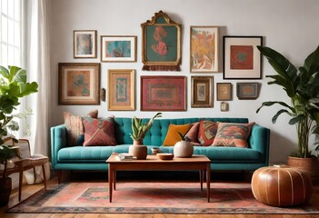 Chic living room décor with a turquoise couch and elegant wall frames, Modern lounge area with...