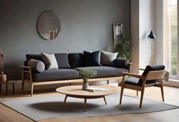 A contemporary living room ambiance with a grey sofa and a trendy coffee table, A stylish grey couch and a contemporary table in a well-designed living space, A cozy living room.