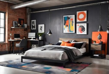 Chic bedroom décor with subtle orange touches for a modern look, Cozy bedroom interior with a pop...