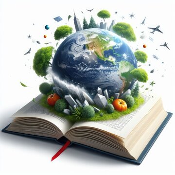 World book day, earth comes out of a book isolated on a white background