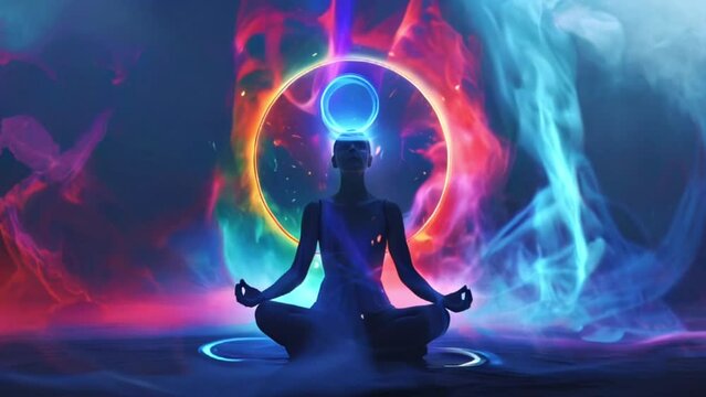 Neon chakra meditation with colorful energy aura in tranquil setting. Yoga lotus pose