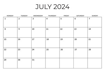 Monthly Planner July 2024. Calendar JULY 2024. Week starts on Monday. Blank Calendar Template. Vector illustration