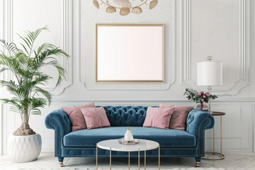 Living room with blue couch and wall picture frame