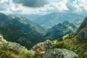 Majestic mountain landscape with green valleys under a cloudy sky - Powered by Adobe