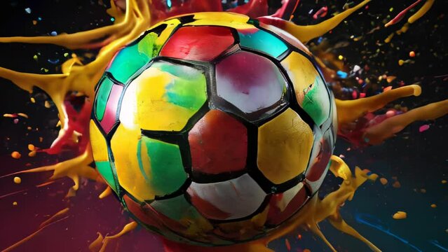 SOCCER BALL IN A SPLASH OF PAINT OF DIFFERENT COLORS. VIDEO. HORIZONTAL.