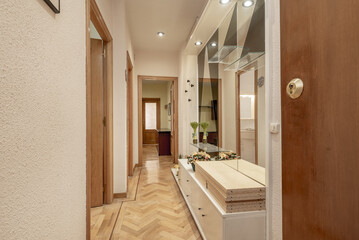 Entrance hall to house with reinforced wooden door, white wooden sideboard with large integrated mirror and glossy oak floors