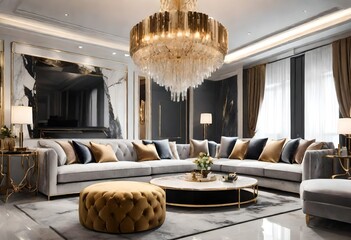 Luxurious home décor with gold furniture and stylish lighting, Contemporary living space with golden accents and fancy lighting fixture, Elegant gold-themed modern living room with chandelier.