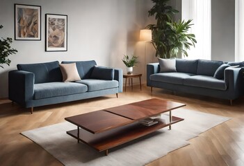 Relaxing atmosphere with blue sofas in a well-decorated living room, Blue-themed living space with inviting couches and center table, Stylish blue sofas as the centerpiece in a modern living room.  
