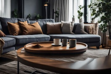 Comfy grey couch and sleek coffee table setup, Stylish grey sofa and center table in contemporary room, Cozy grey couch and modern coffee table in living space.