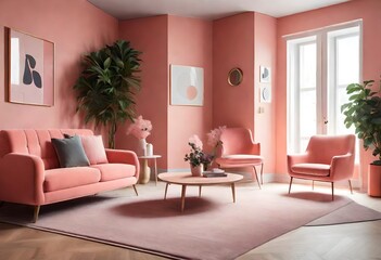 Chic pink-themed lounge with modern furniture, Tranquil pink living space with cozy furnishings, Elegant living room interior with soft pink décor.