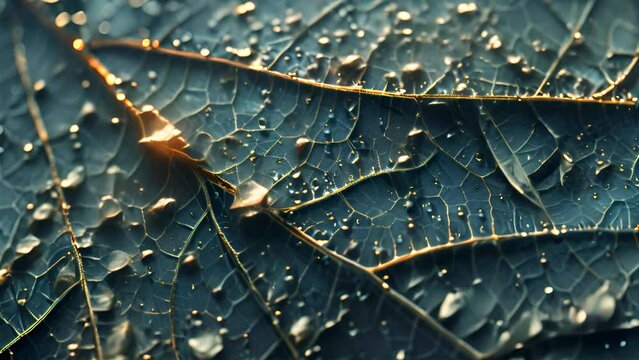 Macro Detail of Water Droplets on Blue Leaf with Ai generated.
