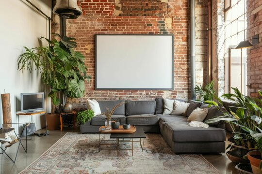 Living room with wood flooring, couch, and projector screen on wall