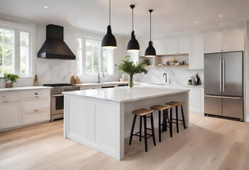 White kitchen with rustic wooden flooring and stylish seating, Modern kitchen with wooden floors and sleek white design, Bright white kitchen with warm wooden accents and cozy stools.