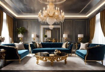 Stylish living room featuring blue and gold accents and sparkling chandelier, Luxurious décor in blue and gold tones with ornate chandelier, Elegant blue and gold living room with chandelier.