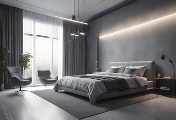 Chic and cozy sleeping space in grayscale, Stylish bedroom with a tranquil color palette, Serene bedroom featuring neutral tones.