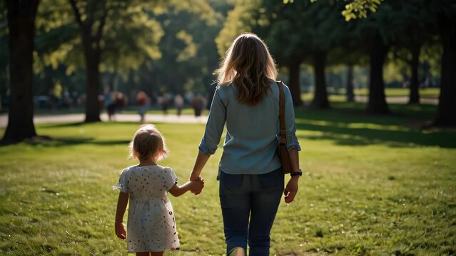 WOMAN WITH HER LITTLE SON WALKING THROUGH THE PARK HAND IN HAND. VIDEO. HORIZONTAL.